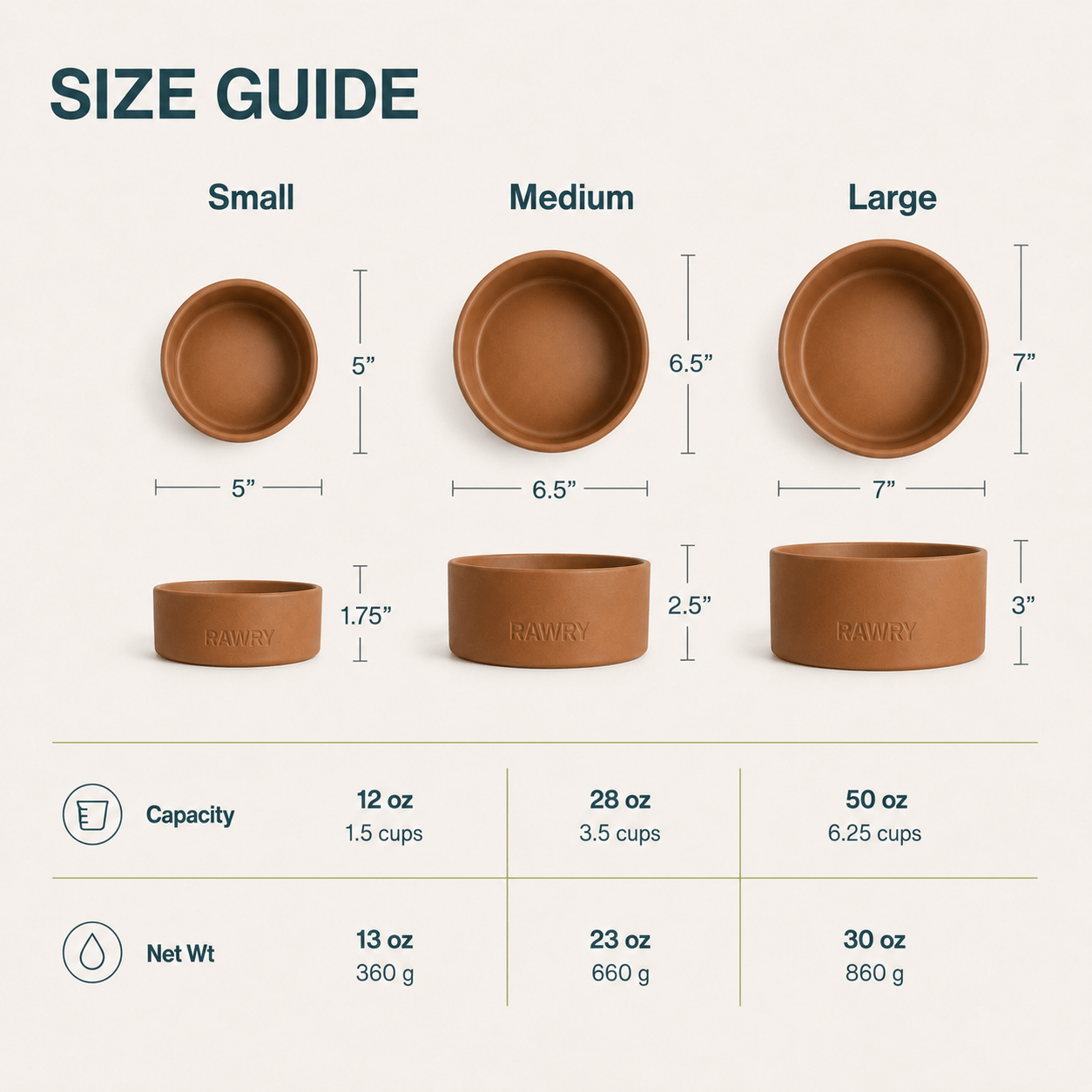 Rawry Ceramic Pet Bowl Size Guide: Clay - Small, Clay - Medium, Clay - Large
